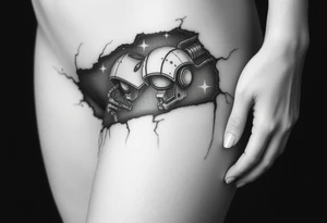 A big slash wound revealing a robotic inner thigh under the skin tattoo idea