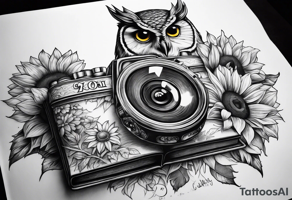 Sunflower, camera, book, owl tattoo idea