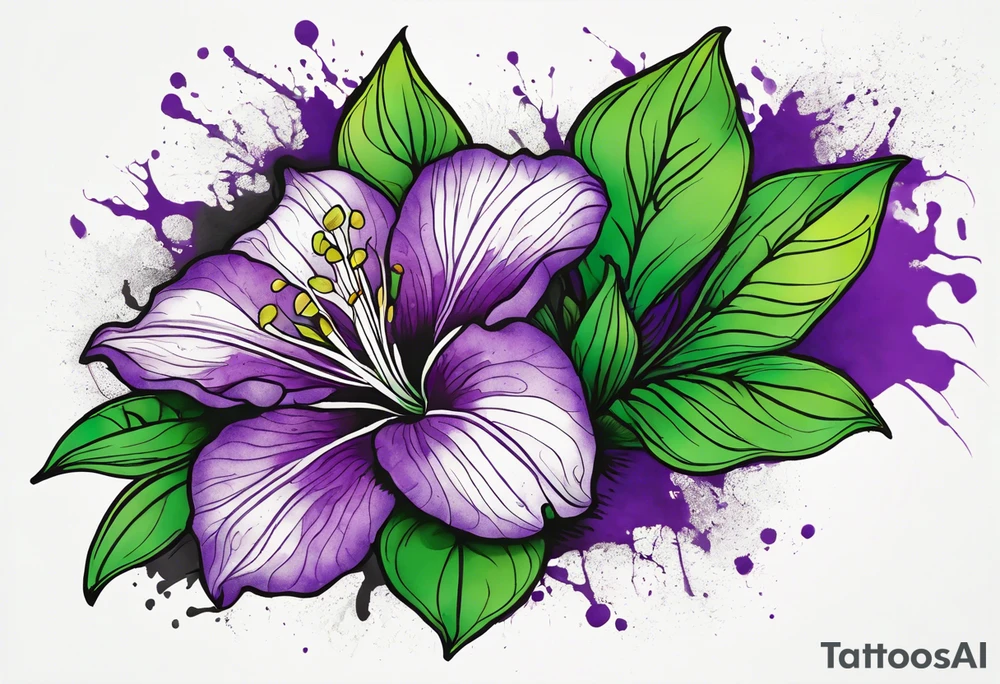 A mystical outline of a rio dipladenia flower with green/purple pedals and a green/purple watercolor splash in the background tattoo idea