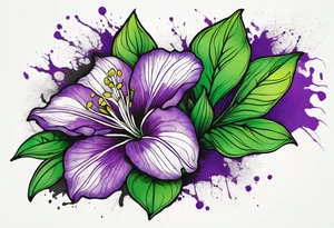 A mystical outline of a rio dipladenia flower with green/purple pedals and a green/purple watercolor splash in the background tattoo idea