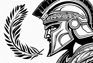 Side profile of spartan soilder looking right at distant Roman colosseum tattoo idea