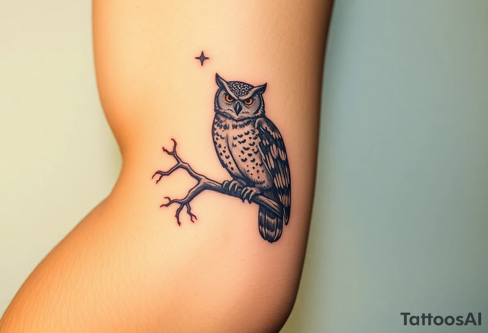 wise owl perched on ancient oak branch under starlit sky tattoo idea