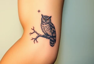 wise owl perched on ancient oak branch under starlit sky tattoo idea