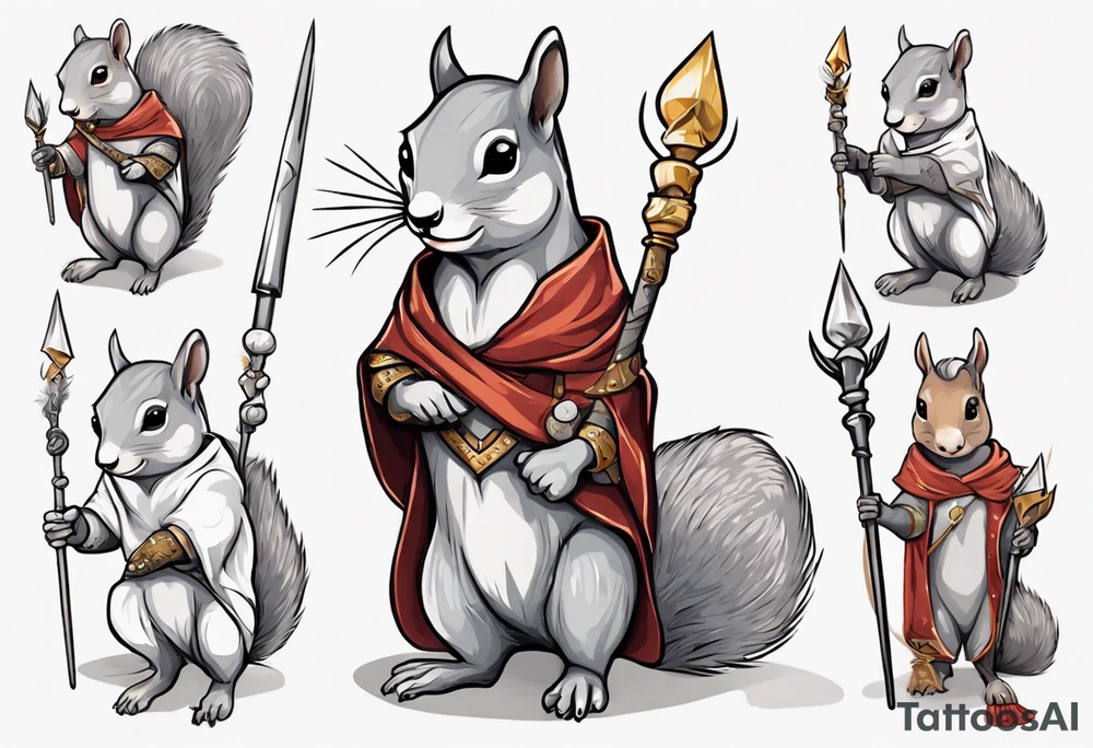 a grey squirrel dressed in a medieval tunic holding a silver unicorn horn spear tattoo idea