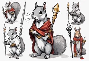 a grey squirrel dressed in a medieval tunic holding a silver unicorn horn spear tattoo idea
