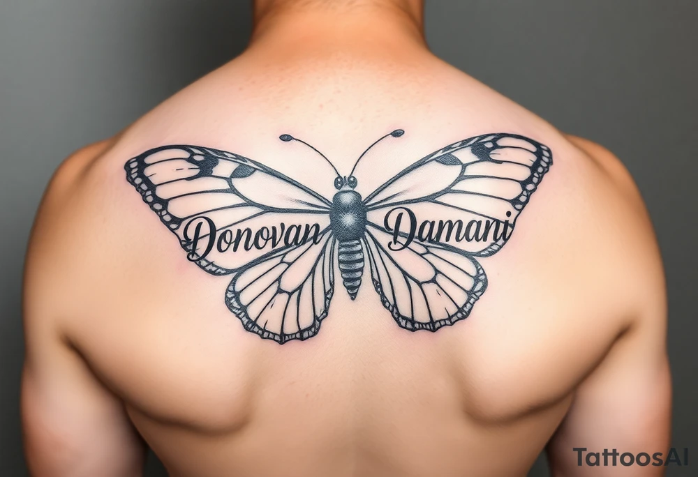 Butterfly with wings made of the names Donovan and Damani with the body made out of the name Dalyla. tattoo idea