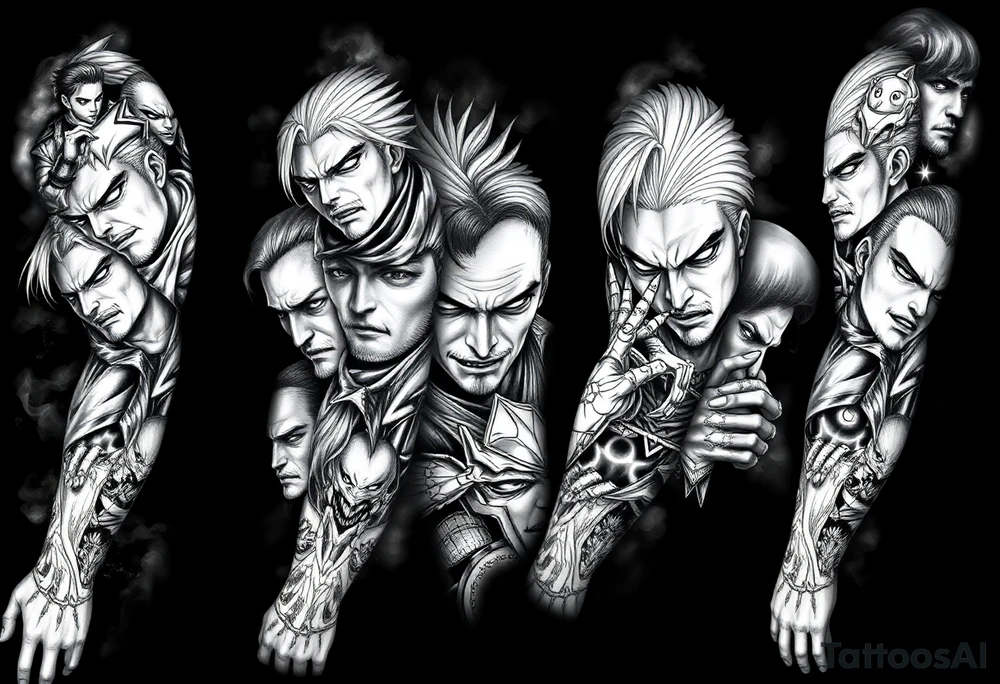 Full anime sleeve tattoo in black and grey realism, featuring 10 intense anime characters with sharp shading, dramatic lighting, and high contrast. Multiple characters integrated seamlessly along the arm, with overlapping panels, bold linework, and detailed facial expressions. Dark shadows and smoky effects in the background for depth. Masculine and dynamic style, designed as a complete arm sleeve tattoo idea