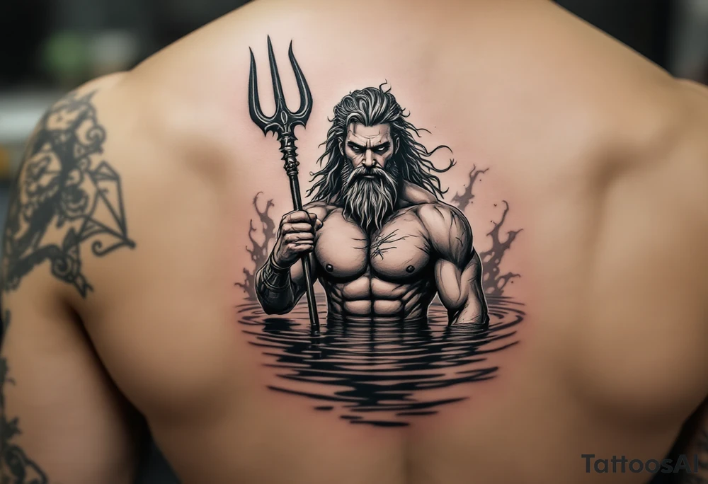 fit poseidon, behind a trident, in calm water, holding a beer tattoo idea