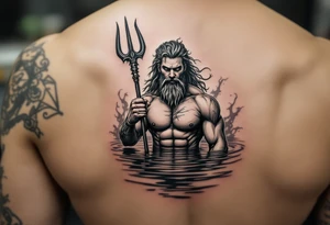 fit poseidon, behind a trident, in calm water, holding a beer tattoo idea