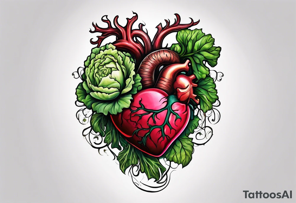Manly Human heart intertwined with cabbage leaved tattoo idea