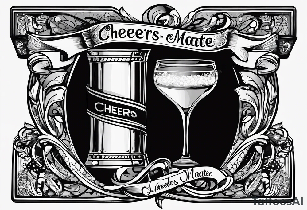 "Cheers Mate" text black and grey ink armband, intricate, artistic +abstract +grey Cancer Ribbon +toasting bourbon glass tattoo idea