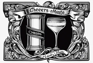 "Cheers Mate" text black and grey ink armband, intricate, artistic +abstract +grey Cancer Ribbon +toasting bourbon glass tattoo idea