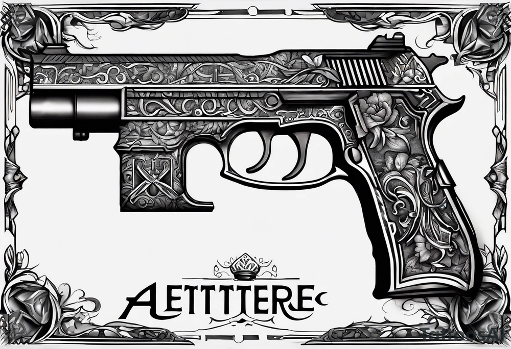 The letters AR with a pistol on each side and the word always on the top and ready on the bottom tattoo idea