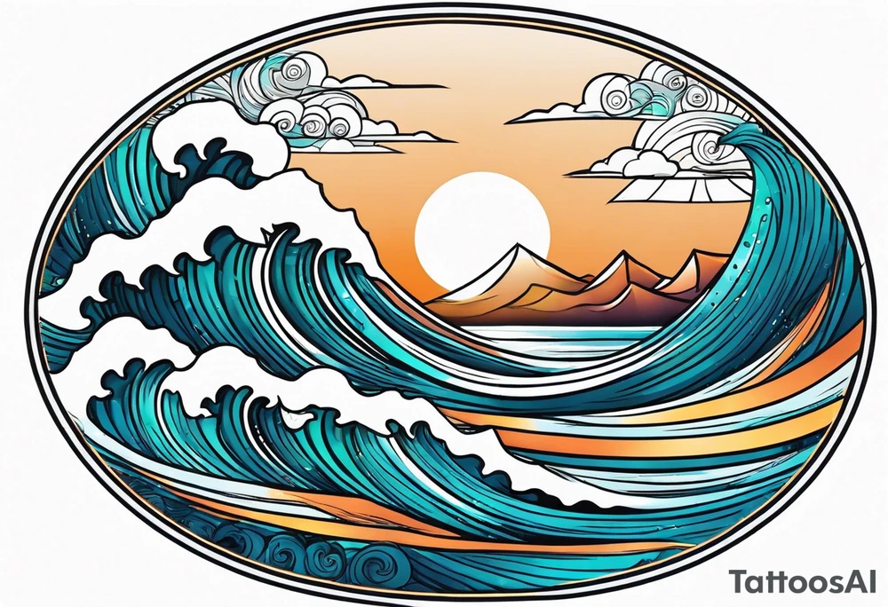 waves in ocean simple with in circle with sun tattoo idea
