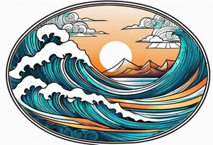 waves in ocean simple with in circle with sun tattoo idea