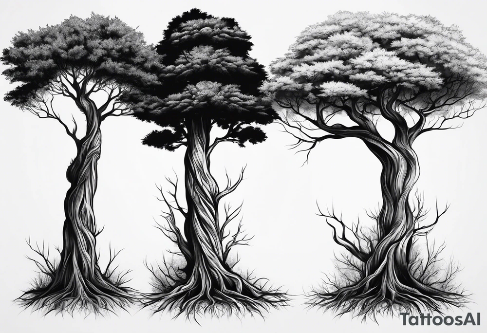 3 tall skinny trees growing out of the same root tattoo idea