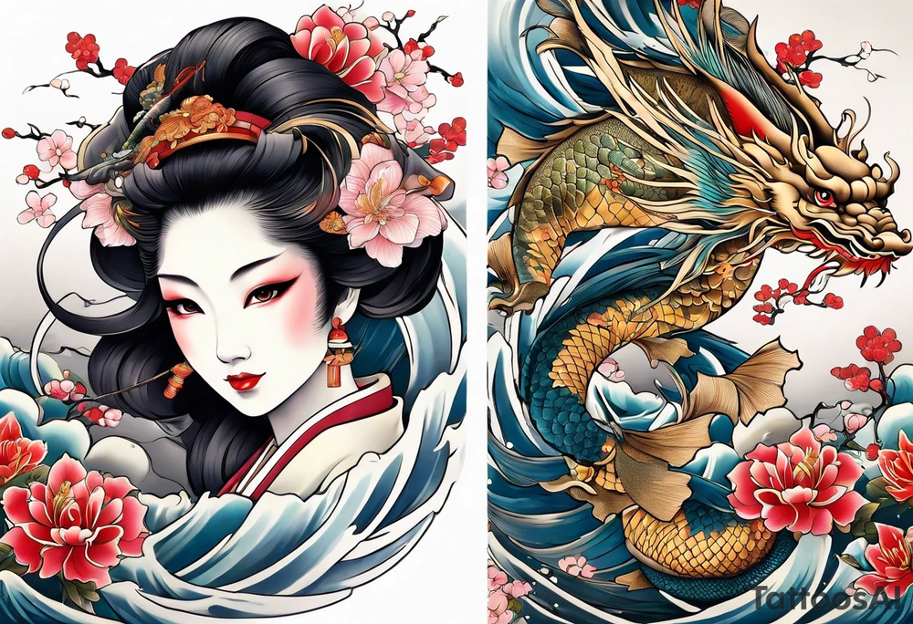Japanese motives tattoo including geisha dragon coy fish looking like a scenery tattoo idea