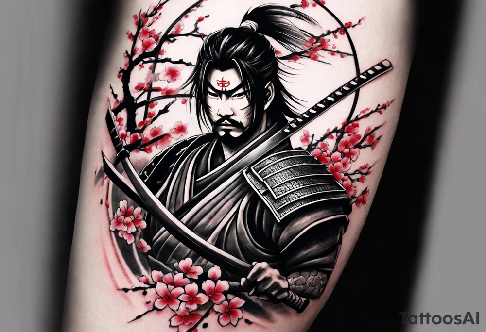 samurai with with in blood, for a forearm
Should contains sakura leaves 
The tatoo should show i have dedication, respect and inner strength, and I try to become better everyday tattoo idea