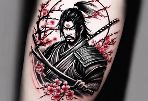 samurai with with in blood, for a forearm
Should contains sakura leaves 
The tatoo should show i have dedication, respect and inner strength, and I try to become better everyday tattoo idea
