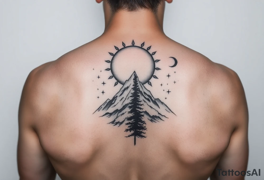 sun, moon, stars, mountain, tree. tattoo idea