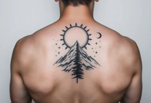sun, moon, stars, mountain, tree. tattoo idea