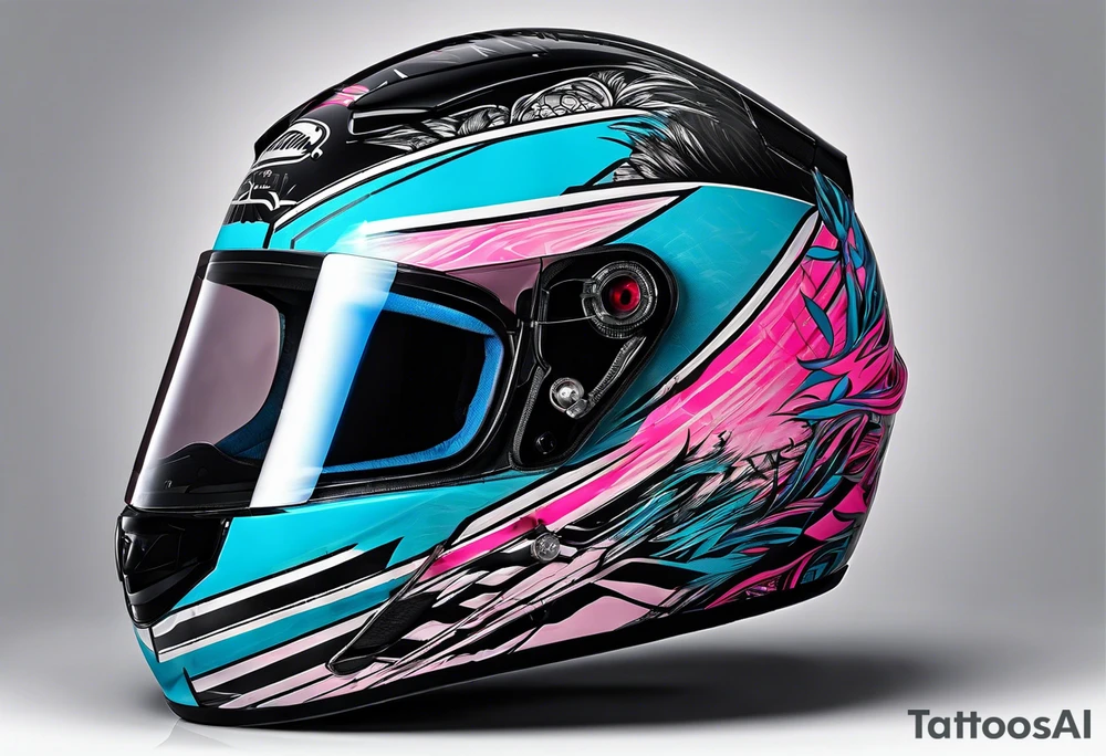 formula 1 helment with a palm three and black light blue and pink colors tattoo idea