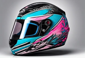 formula 1 helment with a palm three and black light blue and pink colors tattoo idea