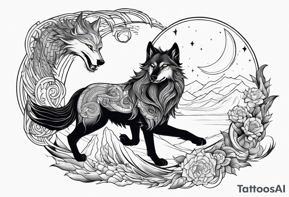 yang yang wolf chasing the moon and sun with Jörmungandr wrapped around it tattoo tattoo idea