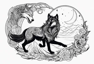 yang yang wolf chasing the moon and sun with Jörmungandr wrapped around it tattoo tattoo idea