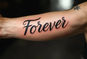 "Forever" in handwritten script on parchment-style beige skin, like an old love letter. tattoo idea