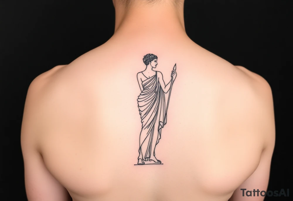outer thigh tattoo greek sculpture female, fine line tattoo idea
