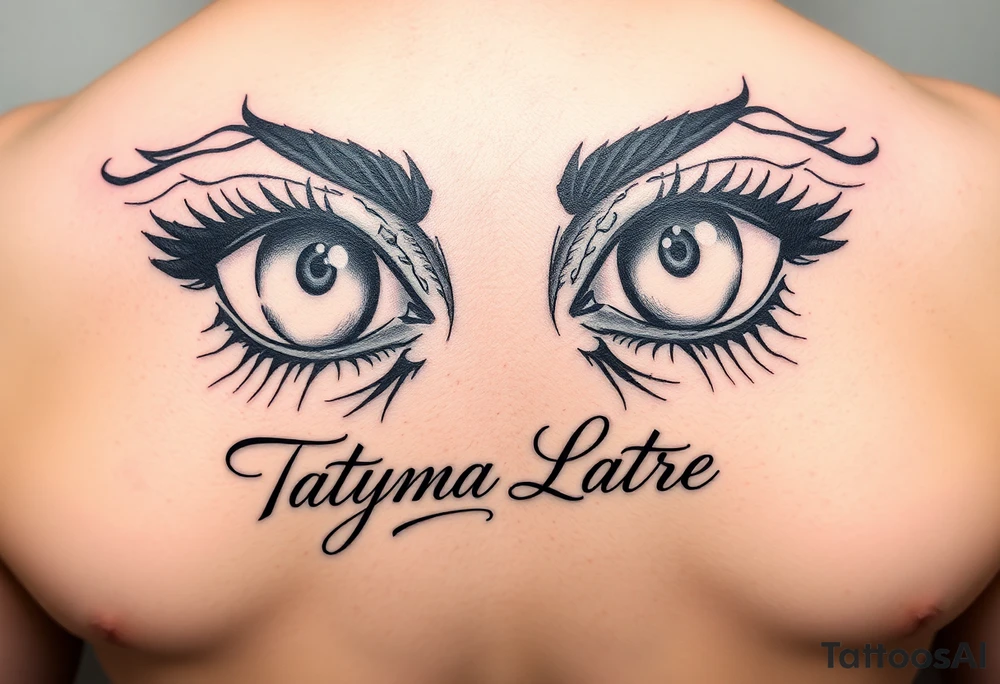 Draw a tattoo of eyes with Tatyana Latre written in fine print script under the eyes tattoo idea