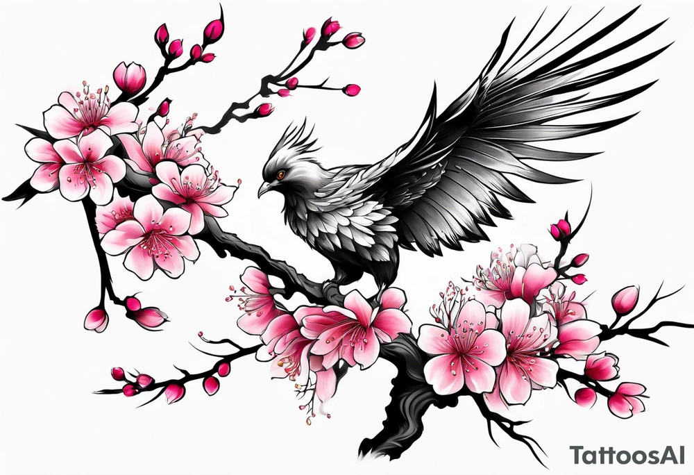 Pink Sakura branch, black and white phoenix tattoo idea