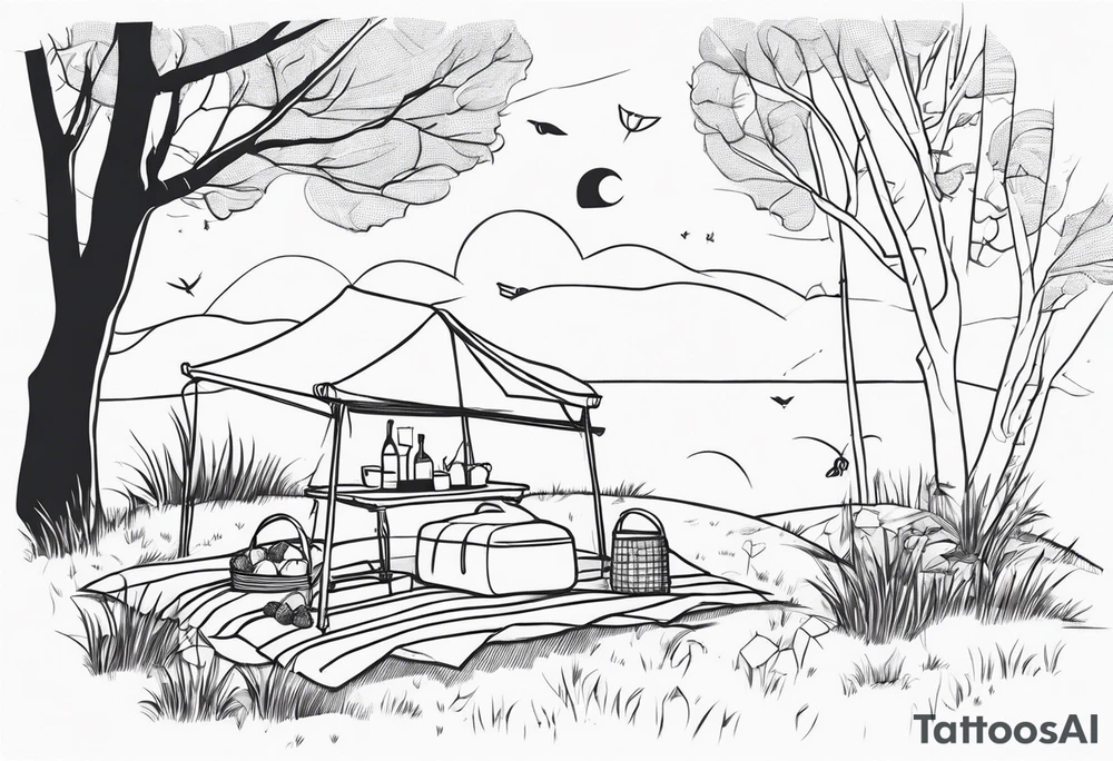 Very light and minimalstic picnic scene in nature. A blanket, picnic-basket with lid, pillows and pennants. Thin lines. tattoo idea