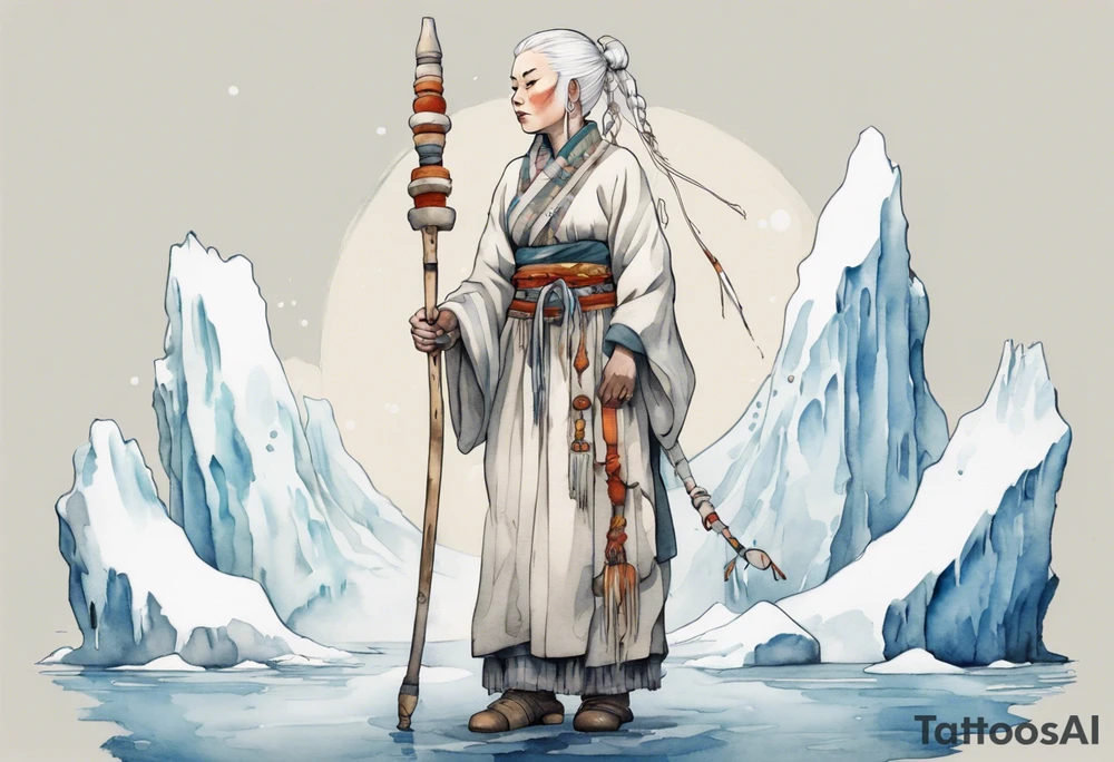 a Sami woman with white hair and a white robe holding a long ivory bowstaff, standing on an iceberg tattoo idea