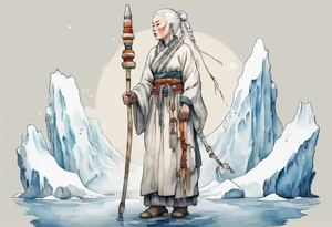 a Sami woman with white hair and a white robe holding a long ivory bowstaff, standing on an iceberg tattoo idea
