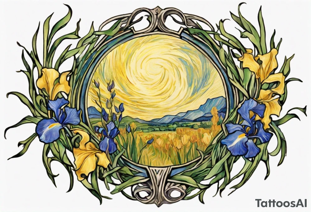 Create a colorful Vincent van Gogh Irises tattoo with Athena's shield and spear. The tattoo should take the form of a crescent, with vines gracefully intertwining at a central point in the middle of the wreath.  The intended placement is on the upper chest. The overall design should be small in size while maintaining a delicate and artistic aesthetic. Pay attention to the graceful flow of the vines and the placement of the irises to achieve a refined and elegant look. tattoo idea