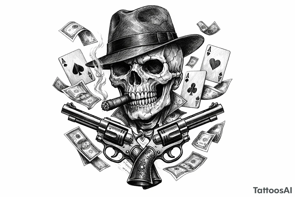 Skull in fedora, cigar, crossed revolvers, flying cards, falling money. tattoo idea