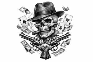 Skull in fedora, cigar, crossed revolvers, flying cards, falling money. tattoo idea