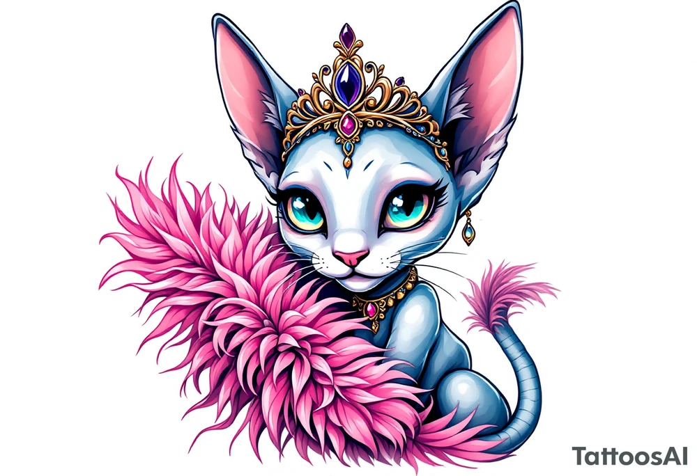 Chibi new school Glamorous sphinx cat holding 
pink feather boa and wearing a crown tattoo idea