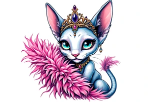 Chibi new school Glamorous sphinx cat holding 
pink feather boa and wearing a crown tattoo idea
