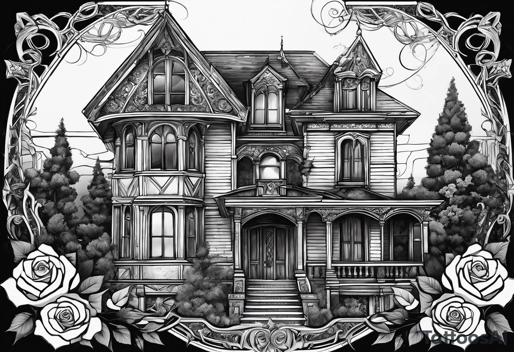 тату рукав, abandoned old gotic house, broken sword, roses, tattoo idea