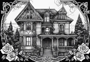 тату рукав, abandoned old gotic house, broken sword, roses, tattoo idea