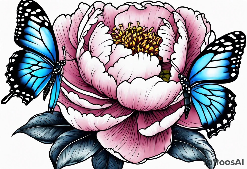 Peony with blue monarch butterflies tattoo idea