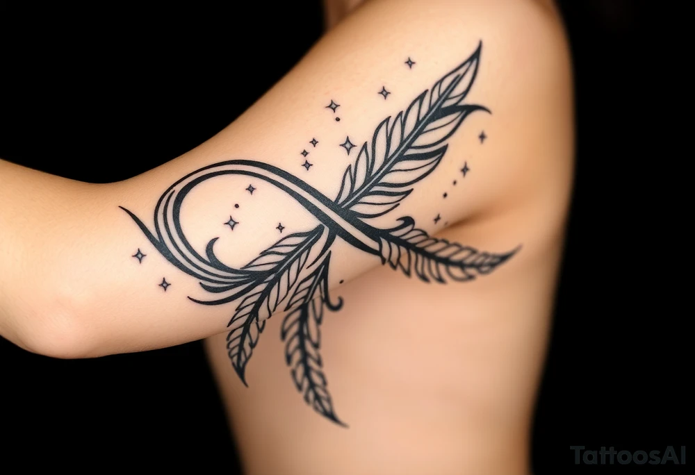 infinity symbol woven with floating feathers and stardust tattoo idea