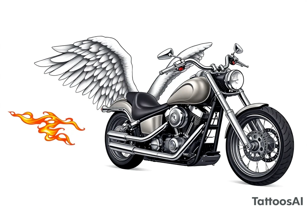 Low rider grey motorcycle, big muffler pipes with flames, angel wings, driving away, no person tattoo idea