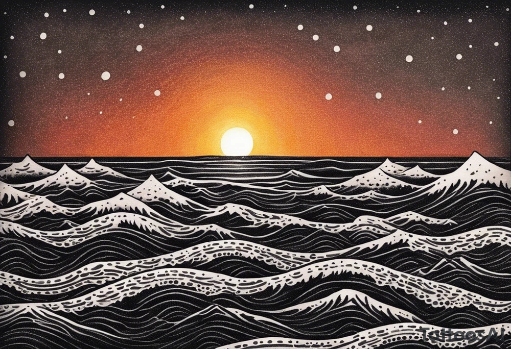 This tattoo needs to be incredibly simple and minimal. It's a sunset from the perspective of being on a boat on the ocean. The waves are very calm and there is no land in site. There are slight reflections of the sun on the water. The tattoo will be in landscape orientation. Mostly black with small splashes of color from the sun. There should be no objects in the tattoo besides the sun, water, and maybe some clouds and a bird or two. No land or boats. tattoo idea