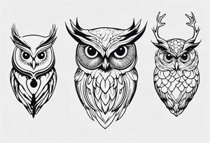 Owl with glistering eyes and antlers sticking out of it's head tattoo idea