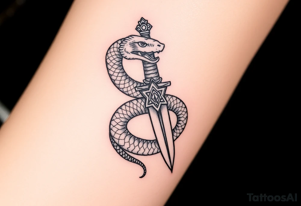 mystical snake coiled around an ancient dagger with jeweled hilt tattoo idea