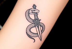 mystical snake coiled around an ancient dagger with jeweled hilt tattoo idea